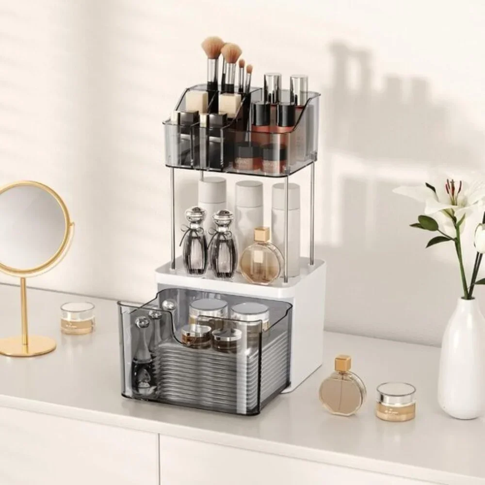 New 3-Tier Gray Makeup Organizer, Small Countertop Drawer Storage for Skincare